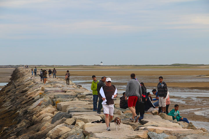 Provincetown West End, breakwater with lighthouse on the horizon